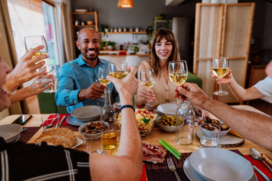 Family and friends reunion at home. Diverse family and friends celebrating together making a toast
