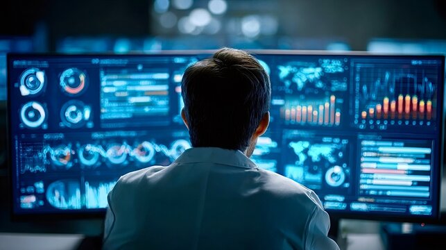 It engineer monitoring data analysis dashboard in control room - Powered by Adobe