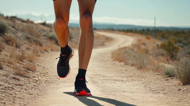 Detailed sequence of a male athlete's legs and feet running on a dirt trail. Outdoor cardio workout and endurance training for a healthy and active lifestyle