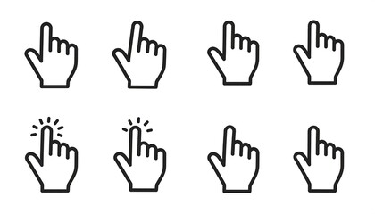 Array of eight vector hand cursors, with index fingers pointing upwards, indicating selection or interaction