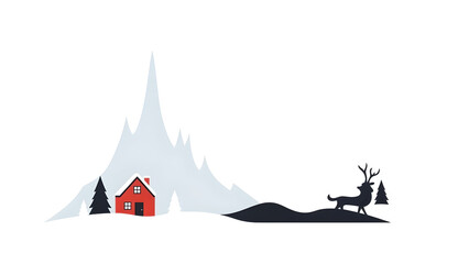 Minimalist Winter Landscape with Red House, Reindeer Silhouettes, and Icy Mountains