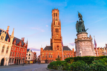Bruges, Belgium: Belfry of Bruges or Belfort tower and medieval buildings in Grote Markt, Flanders