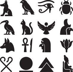 Ancient Egypt Line and black Icons Set – Hieroglyph Symbols and Egyptian Mythology Vector.