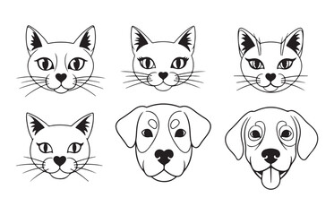Artistic hand drawn sketch collection of various cat and dog faces in black and white