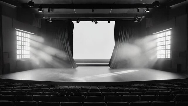 Black and white composite of a theater curtain opening in three stages. Empty auditorium and stage with dramatic light beams and fog for a cinematic reveal or presentation