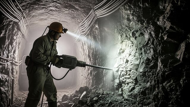 A miner drills into rock within a dark tunnel, illuminated by the miner's headlamp