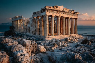 Ancient parthenon temple ruins under sunset light high resolution picture