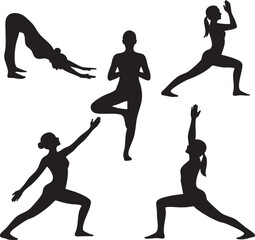 Set of female silhouettes practicing various yoga asanas.