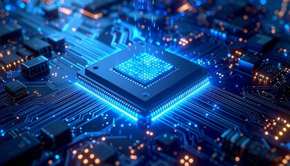 Obraz premium Close up of a microchip on a circuit board with glowing blue lights