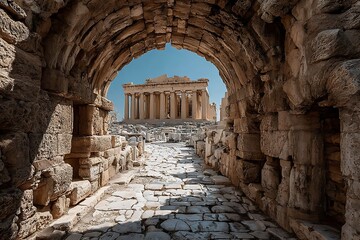 Ancient parthenon temple view through stone high resolution picture