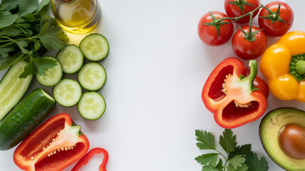 Fresh vegetables and healthy ingredients arranged on a white background