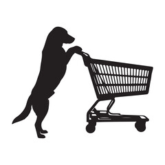 Silhouette of a dog standing on hind legs pushing a shopping cart with its paws