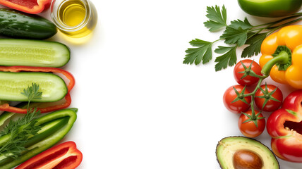 Fresh colorful vegetables and olive oil border on white background
