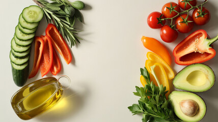 Fresh vegetables and olive oil arranged artfully on a light surface