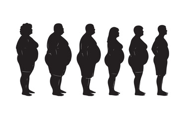 Silhouettes of individuals showcasing a progression of weight loss from heavier to leaner body types