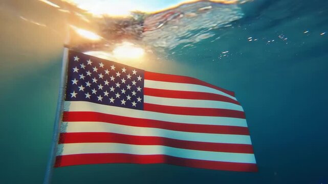 The united states flag submerged underwater with beautiful sunlight shining from the surface. A symbolic concept of american patriotism, hope, and resilience through adversity