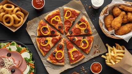 Delicious pepperoni pizza surrounded by popular fast food sides