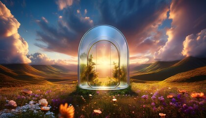Fantasy Scene Of Shining Transparent Portal Made Of Glass Surrounded By Landscape With Field Of Flowers And Dreamy Clouds In The Evening