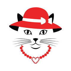 Charming white cat wearing a stylish red hat and a heart pendant necklace