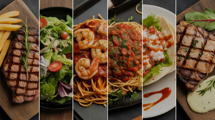 Collage of delicious grilled meats pasta and salads