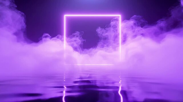 Glowing purple neon square floating above reflective water with swirling mist and atmospheric fog creating a dramatic abstract light scene