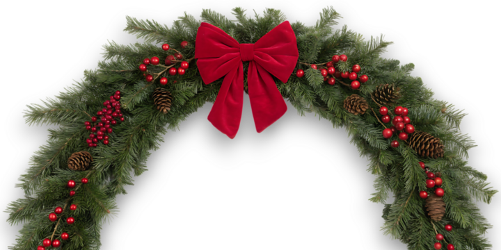 Festive green fir garland arch adorned with a large red velvet bow and red berry accents for holiday decoration - Powered by Adobe