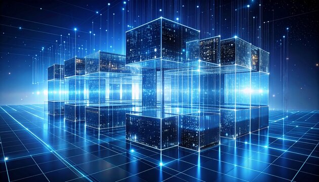 Futuristic digital landscape with glowing cubes and data flows