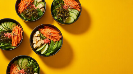 Vibrant healthy buddha bowls arranged on a bright yellow background
