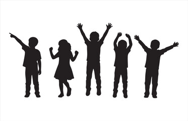 Joyful silhouettes of diverse children celebrating together with arms raised in exuberant delight