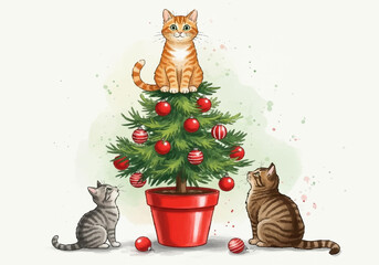 Playful watercolor illustration of three cats celebrating Christmas around a festive tree, capturing holiday cheer