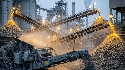 Industrial plant scene. Conveyor belts transport materials to large piles, illuminated by lights