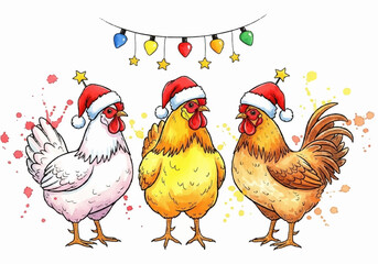 Whimsical watercolor illustration of festive farm chickens wearing Santa hats with string lights for holiday cheer