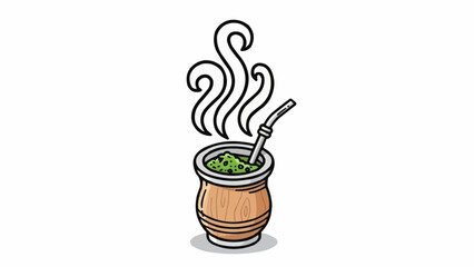 Illustration of a yerba mate drink in a wooden cup with a metal straw and rising steam swirls