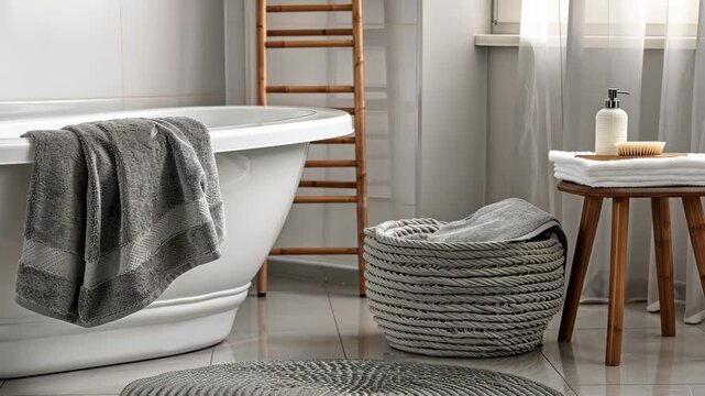 Experience a tranquil bathroom environment with a stylish freestanding tub, cozy textiles, and minimalistic decor designed for relaxation