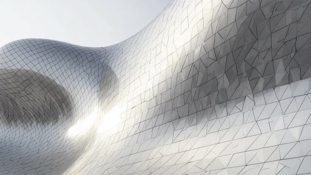 Smooth metallic architectural surface with flowing geometric curves and reflective panels creating a modern abstract structural design