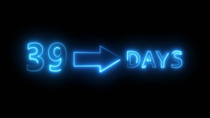 Neon 39 days illustration. Day count number. Neon number with arrow icon.