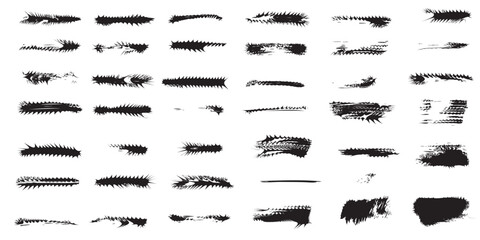 Collection of Black Ink Brush Strokes and Splatters on White Background.