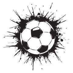 Dynamic soccer ball exploding with black ink splatter artistic design