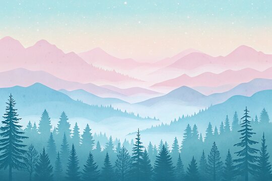 Misty mountain range with evergreen forest at sunrise