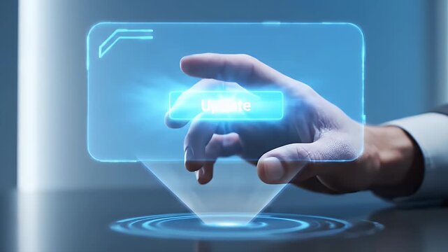 Hand Touching Holographic Update Button with Blue Light on a Table Surface, Digital Technology, Interactive Interface, Modern Technology with Clean Background