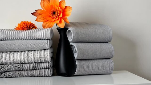 Softly folded towels complement vibrant artificial flowers, enhancing the peaceful aesthetic of a well-organized indoor area
