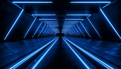 Obraz premium Futuristic tunnel with neon blue lights creating a sense of depth and perspective