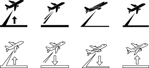 Airplane ascent and descent icon set black and white