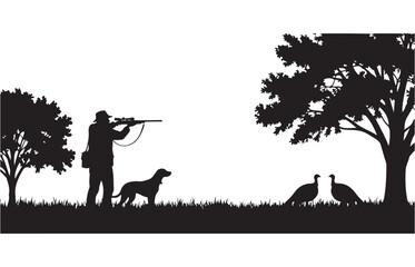 Silhouette of a hunter and dog aiming at turkeys in a grassy field with trees