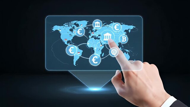 Hand Touching Holographic World Map Display Against Dark Background with Banking Icons in Blue and White with Futuristic Look, Studio Lighting, Adobe Stock Photo