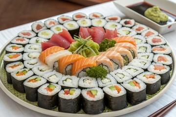 Large platter of assorted sushi rolls and sashimi