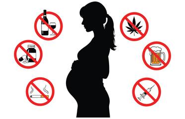 Pregnant woman silhouette surrounded by no symbol signs warning against harmful substances