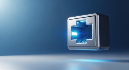 Network port with shiny metal frame and bright blue light on smooth surface is perfect for showcasing network communication. Network port illustration represents modern technology,