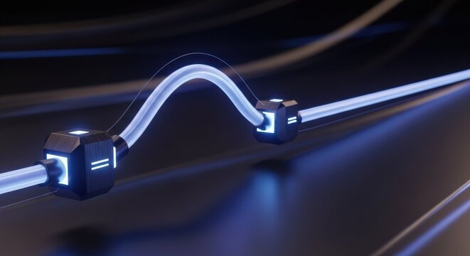 Communication technologies depicted with glowing cable lines and dark connectors. Communication technologies is modern data transfer with blue light streams connecting abstract nodes.