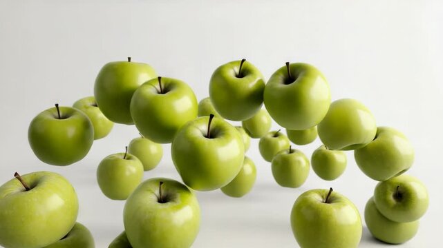 A dynamic sequence of fresh green apples falling through the air. Healthy eating and organic fruit concept for nutrition and diet. Wide panoramic banner for web design